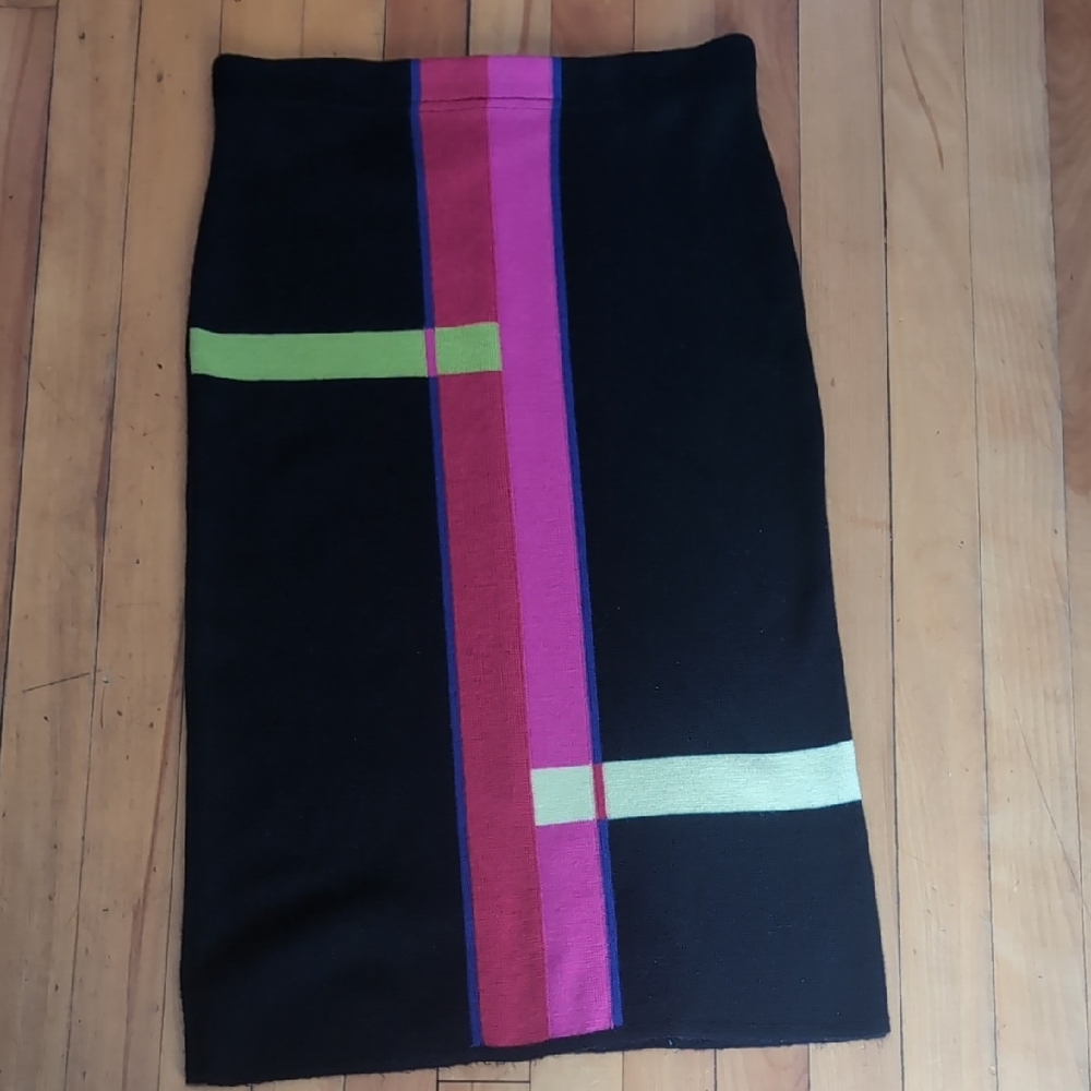 Vintage Italian Merino Wool Black Pencil Skirt with Pin,Red,Purple Green Stripes